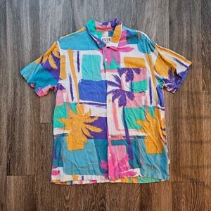 VSTR Premium Mens Medium Hawaiian Shirt Abstract Tropical Palm Tree Viscose Blue